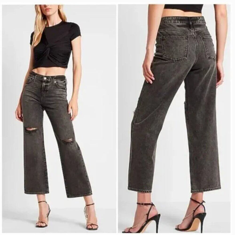 Express Mid Rise Black Wash Ripped 90s Ankle Boot Jeans Size 12